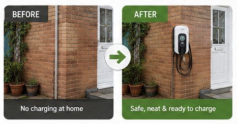 Before and after EV charger installation showing a Scottish home upgraded with a professionally installed wall charger.