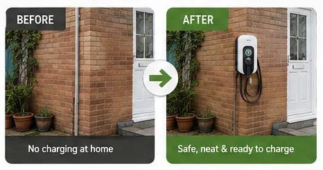 Before and after EV charger installation showing a Scottish home upgraded with a professionally installed wall charger.