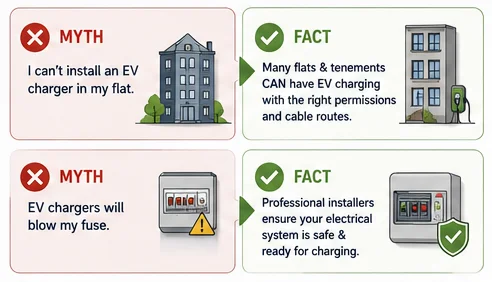 Myth vs fact infographic explaining EV charger installation in flats and electrical safety for Scottish homeowners.