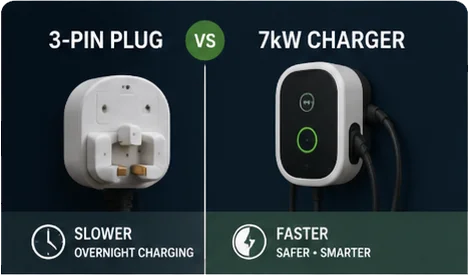 3-pin plug vs 7kW EV charger comparison — 2026 guide thumbnail showing a 3-pin socket beside a wall-mounted 7kW charger