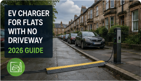 EV charger for flats with no driveway in Glasgow — 2026 guide thumbnail showing a kerbside charger and cable channel on a tenement street