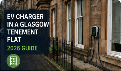 EV charger in a Glasgow tenement flat — 2026 guide thumbnail showing a wall-mounted charger on a sandstone tenement