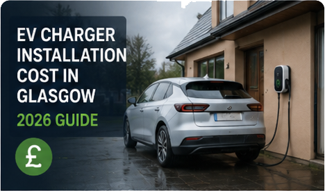 EV charger installation cost in Glasgow — 2026 guide thumbnail showing a silver EV charging at a Scottish home