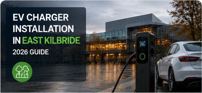 EV charger installation in East Kilbride — 2026 guide thumbnail showing a white EV charging outside a modern East Kilbride building