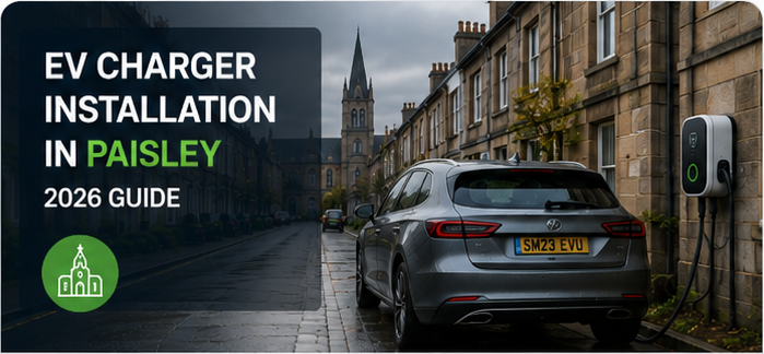 EV charger installation in Paisley — 2026 guide thumbnail showing a car charging on a sandstone Paisley street
