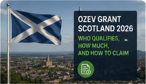 OZEV Grant Scotland 2026 — guide thumbnail showing a Scottish saltire flag above Glasgow
