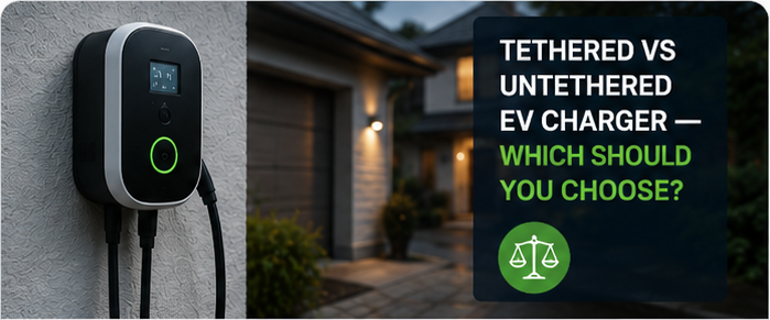 Tethered vs untethered EV charger comparison — 2026 guide thumbnail showing a tethered wall charger beside a home driveway