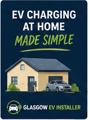 Home EV charging promotional graphic showing a Scottish home with EV charger installation and electric vehicle.