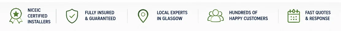 EV charger installer trust strip showing NICEIC certification, insurance, Glasgow expertise, customer satisfaction and fast response times.